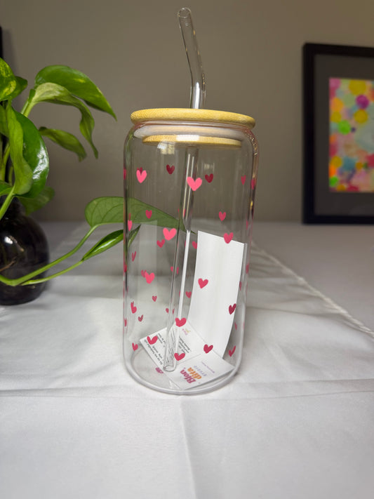 Hearts ❤️ | Hand-Painted 16 oz Glass Tumbler| Iced Coffee Cup with Lid and Straw | Reusable Glass Cup (Copy)