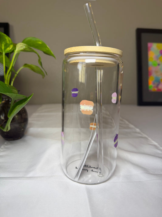 Macaroons | Hand-Painted 16 oz Glass Tumbler| Iced Coffee Cup with Lid and Straw | Reusable Glass Cup (Copy 2)