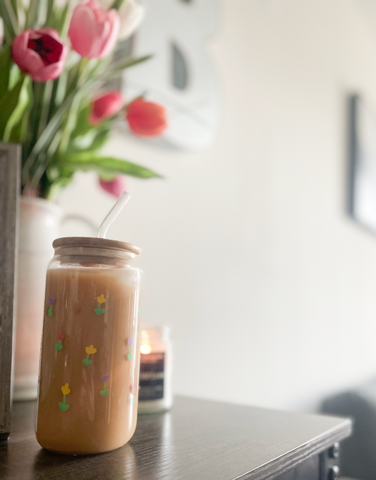 tulips 🌷 | Hand-Painted 16 oz Glass Tumbler| Iced Coffee Cup with Lid and Straw | Reusable Glass Cup
